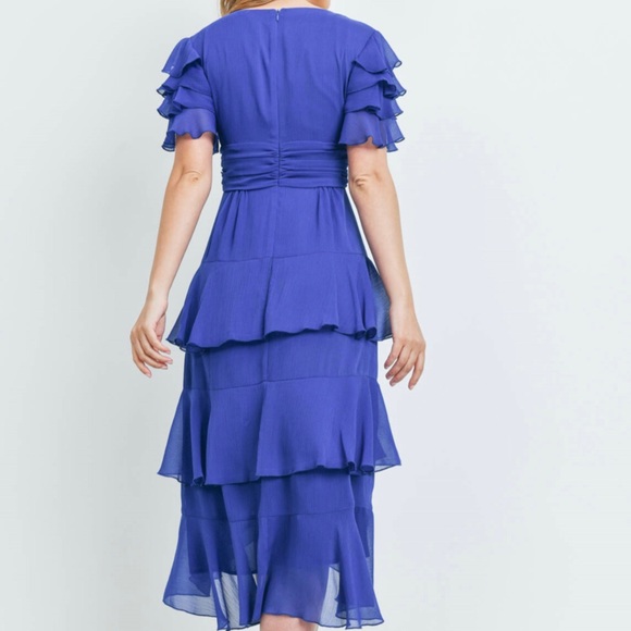 Womens Pleated Asymmetrical Knee Length Maxi long V-Neck Royal Blue dress Medium - Picture 3 of 7